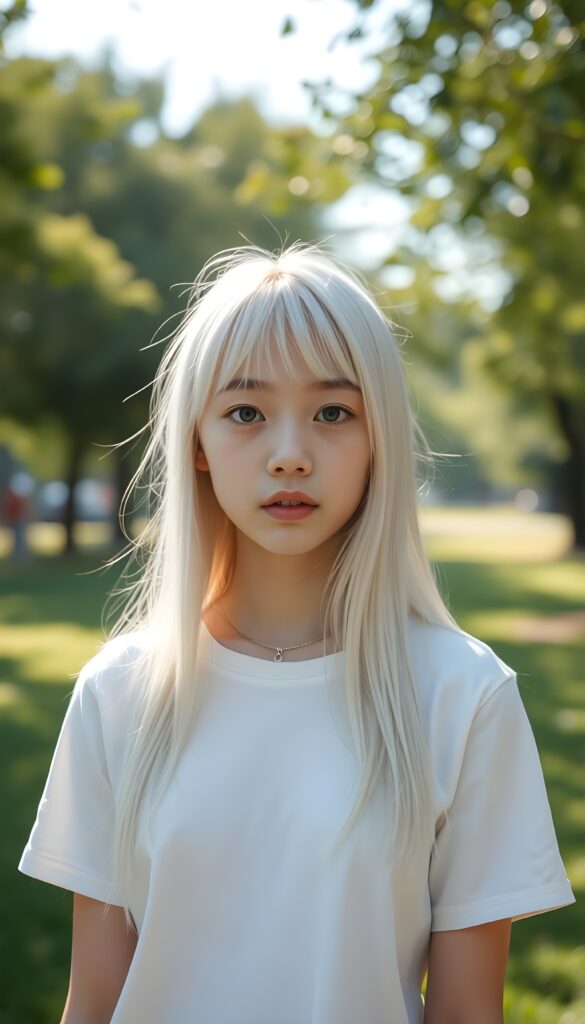 In a sunny park scene, a petite cute teen girl with soft, long white jet straight hair, bangs and fair skin stands alone in front of the viewer. She wears a white plain t-shirt. Front view.