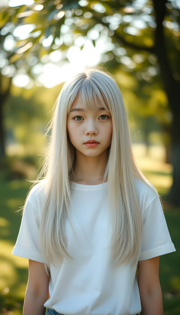 In a sunny park scene, a petite cute teen girl with soft, long white jet straight hair, bangs and fair skin stands alone in front of the viewer. She wears a white plain t-shirt. Front view.