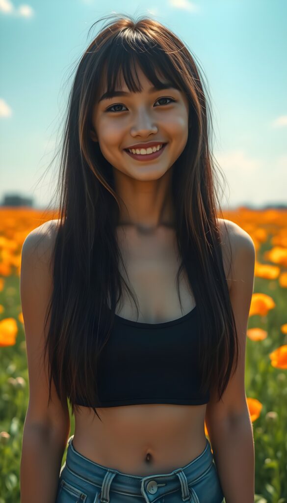 In a sunny poppy field with a clear blue sky, a young Indonesian girl stands with radiant vitality. She has long, straight, black hair and light brown highlights, perfect symmetrical bangs, her hair falls down to her body and a smile that lights up the scene. She wears a low-cut, fitted cropped tank top that accentuates her figure, paired with short denim jeans pants. The image captures her from a full-body view, with warm, natural lighting. She has a cute round dark belly button. Full body shot.