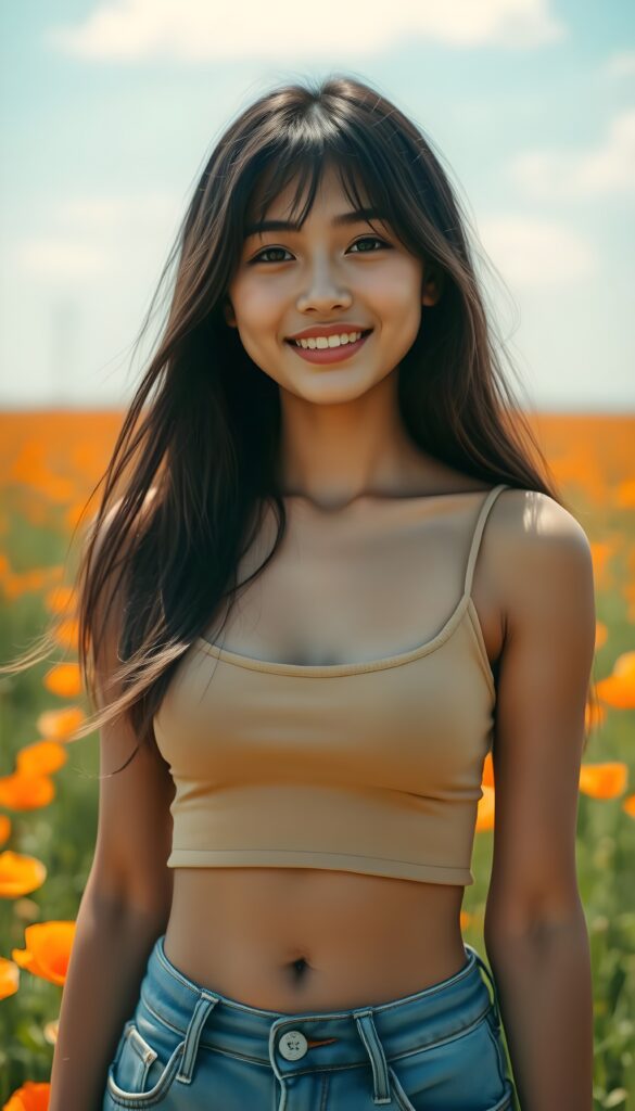 In a sunny poppy field with a clear blue sky, a young Indonesian girl stands with radiant vitality. She has long, straight, black hair and light brown highlights, perfect symmetrical bangs, her hair falls down to her body and a smile that lights up the scene. She wears a low-cut, fitted cropped tank top that accentuates her figure, paired with short denim jeans pants. The image captures her from a full-body view, with warm, natural lighting. She has a cute round dark belly button. Full body shot.