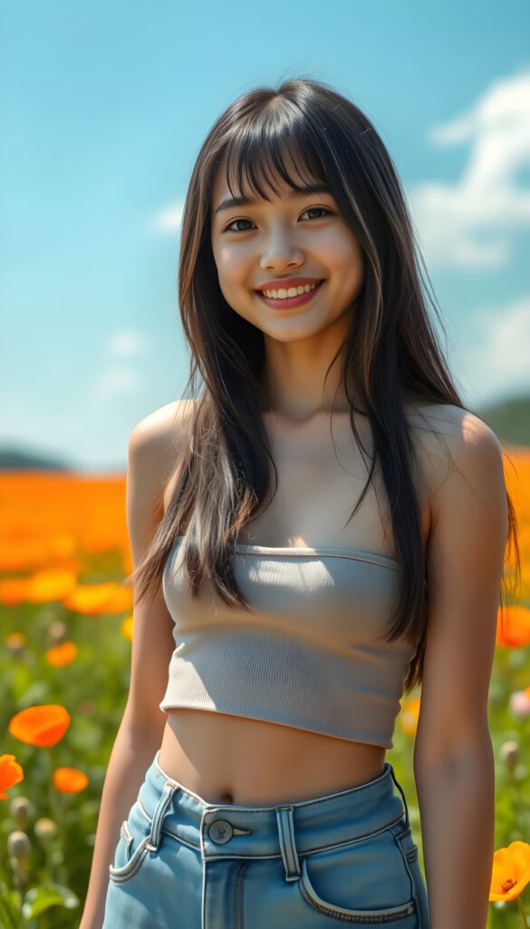 In a sunny poppy field with a clear blue sky, a young Indonesian girl stands with radiant vitality. She has long, straight, black hair and light brown highlights, perfect symmetrical bangs, her hair falls down to her body and a smile that lights up the scene. She wears a low-cut, fitted cropped tank top that accentuates her figure, paired with short denim jeans pants. The image captures her from a full-body view, with warm, natural lighting. She has a cute round dark belly button. Full body shot.