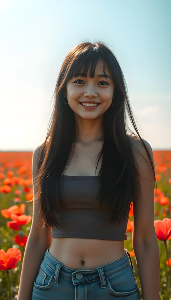 In a sunny poppy field with a clear blue sky, a young Indonesian girl stands with radiant vitality. She has long, straight, black hair and light brown highlights, perfect symmetrical bangs, her hair falls down to her body and a smile that lights up the scene. She wears a low-cut, fitted cropped tank top that accentuates her figure, paired with short denim jeans pants. The image captures her from a full-body view, with warm, natural lighting. She has a cute round dark belly button. Full body shot.