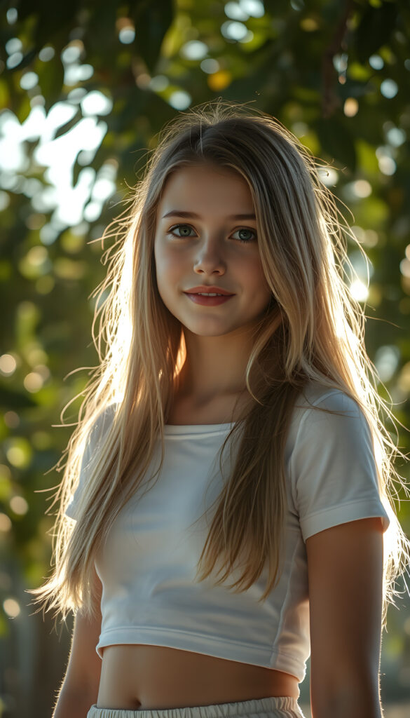 In a surrealist beautiful setting, a beautiful well busty young girl with porcelain skin adorned with delicate, bright face focus, round face. Her warm, brown eyes, smiles and her open long glossy golden straight shinning hair. She wears a light white crop t shirt with long skirt. The light reflects and refracts, creating an interplay of light and shadow that enhances the ethereal atmosphere. Perfect round belly button. The background is a dark green leaves tree, flowing colors, adding depth and a sense of magic to the composition.