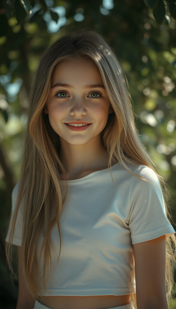 In a surrealist beautiful setting, a beautiful well busty young girl with porcelain skin adorned with delicate, bright face focus, round face. Her warm, brown eyes, smiles and her open long glossy golden straight shinning hair. She wears a light white crop t shirt with long skirt. The light reflects and refracts, creating an interplay of light and shadow that enhances the ethereal atmosphere. Perfect round belly button. The background is a dark green leaves tree, flowing colors, adding depth and a sense of magic to the composition.