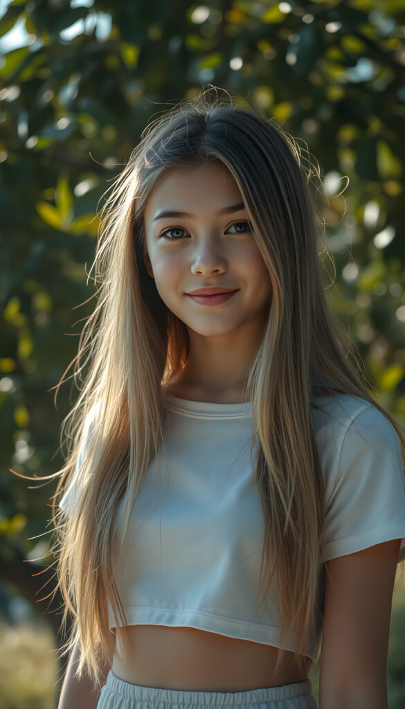 In a surrealist beautiful setting, a beautiful well busty young girl with porcelain skin adorned with delicate, bright face focus, round face. Her warm, brown eyes, smiles and her open long glossy golden straight shinning hair. She wears a light white crop t shirt with long skirt. The light reflects and refracts, creating an interplay of light and shadow that enhances the ethereal atmosphere. Perfect round belly button. The background is a dark green leaves tree, flowing colors, adding depth and a sense of magic to the composition.