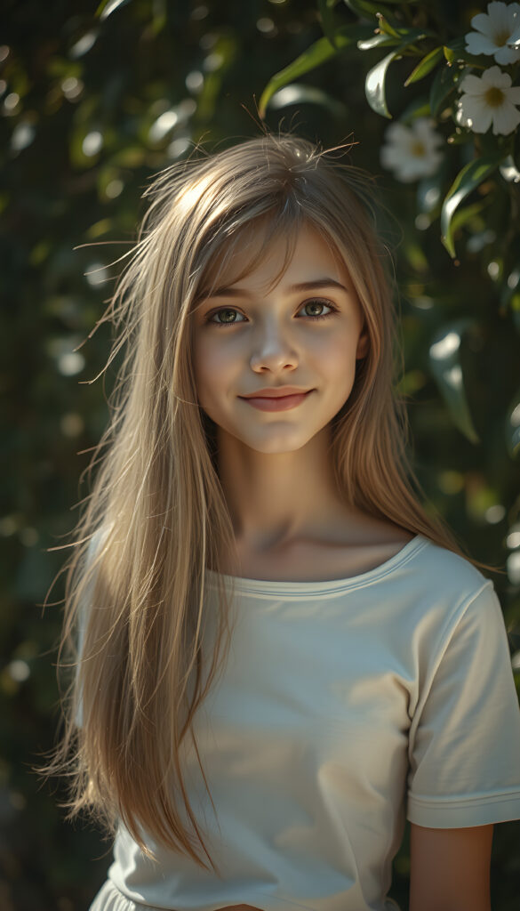 In a surrealist beautiful setting, a beautiful well busty young girl with porcelain skin adorned with delicate, bright face focus, round face. Her warm, brown eyes, smiles and her open long glossy golden straight shinning hair. She wears a light white crop t shirt with long skirt. The light reflects and refracts, creating an interplay of light and shadow that enhances the ethereal atmosphere. Perfect round belly button. The background is a dark green leaves tree, flowing colors, adding depth and a sense of magic to the composition.