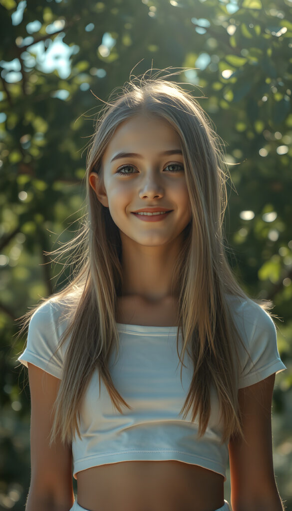 In a surrealist beautiful setting, a beautiful well busty young girl with porcelain skin adorned with delicate, bright face focus, round face. Her warm, brown eyes, smiles and her open long glossy golden straight shinning hair. She wears a light white crop t shirt with long skirt. The light reflects and refracts, creating an interplay of light and shadow that enhances the ethereal atmosphere. Perfect round belly button. The background is a dark green leaves tree, flowing colors, adding depth and a sense of magic to the composition.