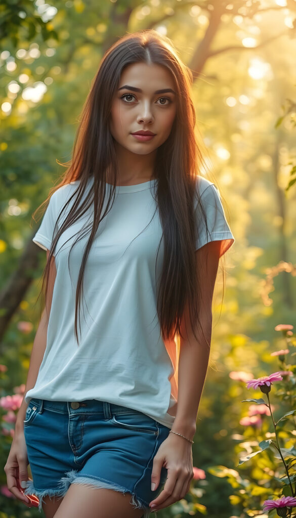 In a vibrant, fantasy forest, she stands with grace, her figure slender and ethereal. Her long, straight hair cascades like a waterfall of night silk, framing her serene face. She wears a white t-shirt that harmonizes with the lush surroundings and short blue jeans pants. Golden sunlight filters through the canopy, casting a magical glow on her. Her eyes sparkle with curiosity and a touch of mischief, surrounded by lush foliage and blooming flowers. The scene is a harmonious blend of nature and elegance, with intricate details in her attire and the whimsical forest setting.