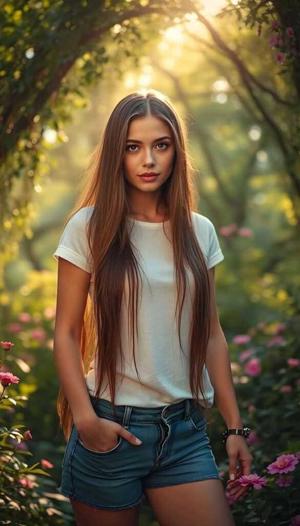 In a vibrant, fantasy forest, she stands with grace, her figure slender and ethereal. Her long, straight hair cascades like a waterfall of night silk, framing her serene face. She wears a white t-shirt that harmonizes with the lush surroundings and short blue jeans pants. Golden sunlight filters through the canopy, casting a magical glow on her. Her eyes sparkle with curiosity and a touch of mischief, surrounded by lush foliage and blooming flowers. The scene is a harmonious blend of nature and elegance, with intricate details in her attire and the whimsical forest setting.