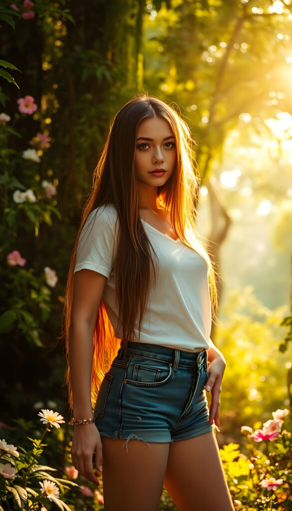 In a vibrant, fantasy forest, she stands with grace, her figure slender and ethereal. Her long, straight hair cascades like a waterfall of night silk, framing her serene face. She wears a white t-shirt that harmonizes with the lush surroundings and short blue jeans pants. Golden sunlight filters through the canopy, casting a magical glow on her. Her eyes sparkle with curiosity and a touch of mischief, surrounded by lush foliage and blooming flowers. The scene is a harmonious blend of nature and elegance, with intricate details in her attire and the whimsical forest setting.