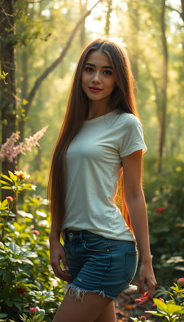 In a vibrant, fantasy forest, she stands with grace, her figure slender and ethereal. Her long, straight hair cascades like a waterfall of night silk, framing her serene face. She wears a white t-shirt that harmonizes with the lush surroundings and short blue jeans pants. Golden sunlight filters through the canopy, casting a magical glow on her. Her eyes sparkle with curiosity and a touch of mischief, surrounded by lush foliage and blooming flowers. The scene is a harmonious blend of nature and elegance, with intricate details in her attire and the whimsical forest setting.