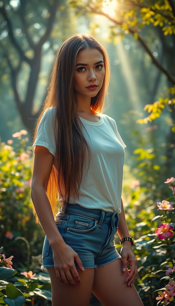 In a vibrant, fantasy forest, she stands with grace, her figure slender and ethereal. Her long, straight hair cascades like a waterfall of night silk, framing her serene face. She wears a white t-shirt that harmonizes with the lush surroundings and short blue jeans pants. Golden sunlight filters through the canopy, casting a magical glow on her. Her eyes sparkle with curiosity and a touch of mischief, surrounded by lush foliage and blooming flowers. The scene is a harmonious blend of nature and elegance, with intricate details in her attire and the whimsical forest setting.