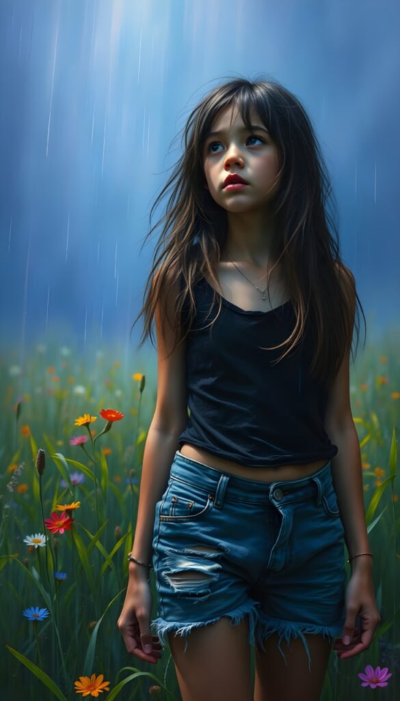 In a vibrant meadow illuminated by mystical blue light, a young girl stands with her long, tousled hair cascading down her shoulders. Dressed in a sleek black top and tattered blue shorts, she gazes out into the distance, her face etched with a mix of sorrow and longing. As rain falls gently around her, the scene is captured from a low angle, emphasizing her vulnerability. The sky is alive with streaks of purple and blue, creating a dramatic and ethereal atmosphere. View from the front.