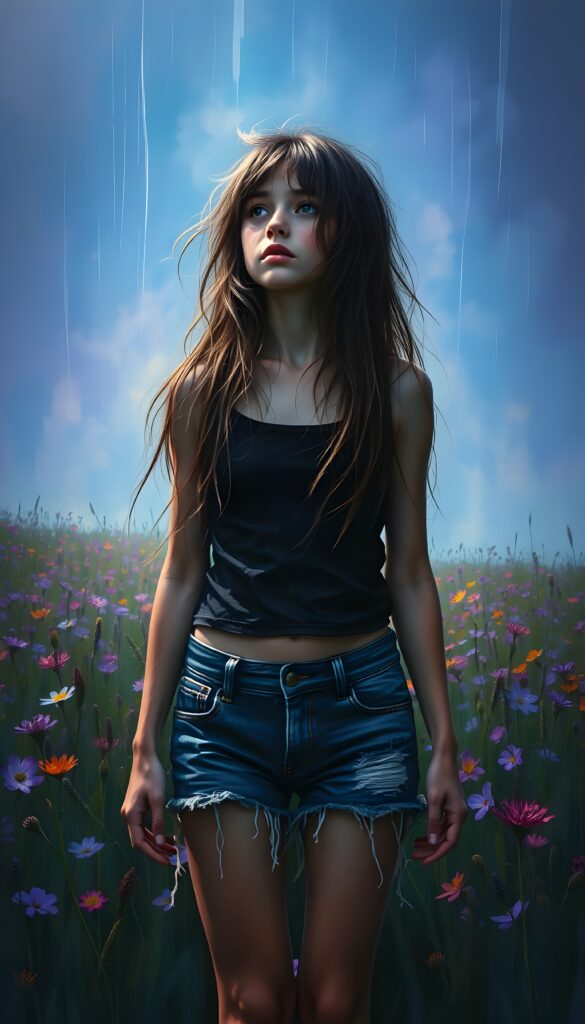 In a vibrant meadow illuminated by mystical blue light, a young girl stands with her long, tousled hair cascading down her shoulders. Dressed in a sleek black top and tattered blue shorts, she gazes out into the distance, her face etched with a mix of sorrow and longing. As rain falls gently around her, the scene is captured from a low angle, emphasizing her vulnerability. The sky is alive with streaks of purple and blue, creating a dramatic and ethereal atmosphere. View from the front.