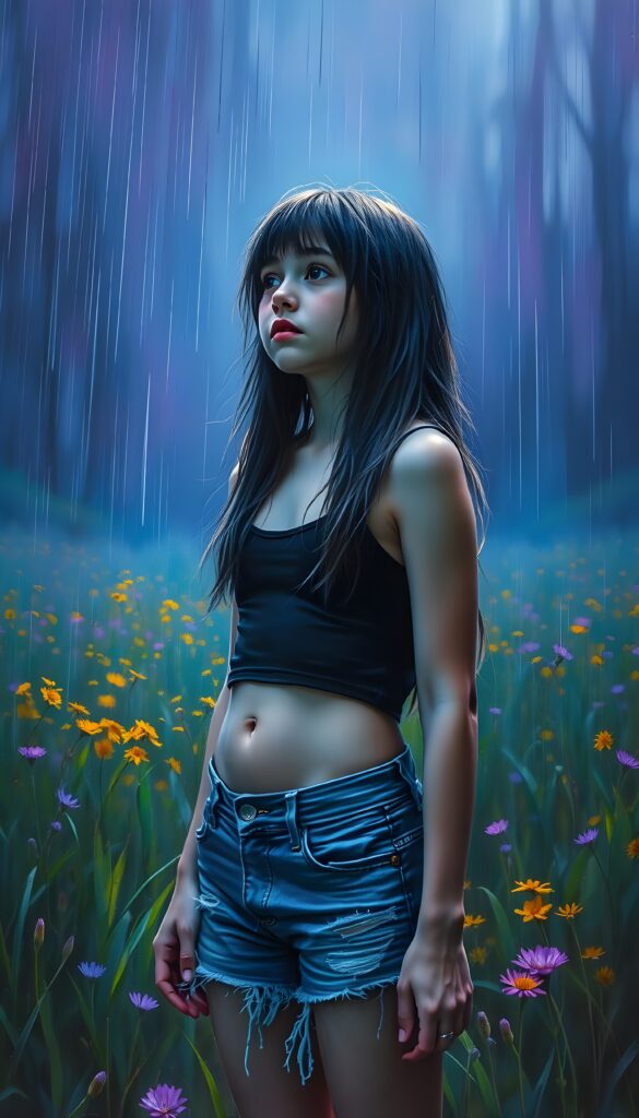 In a vibrant meadow illuminated by mystical blue light, a young girl stands with her long, tousled hair cascading down her shoulders. Dressed in a sleek black top and tattered blue shorts, she gazes out into the distance, her face etched with a mix of sorrow and longing. As rain falls gently around her, the scene is captured from a low angle, emphasizing her vulnerability. The sky is alive with streaks of purple and blue, creating a dramatic and ethereal atmosphere. View from the front.
