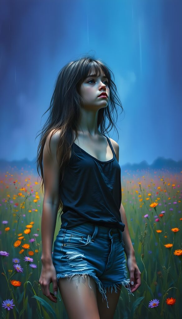 In a vibrant meadow illuminated by mystical blue light, a young girl stands with her long, tousled hair cascading down her shoulders. Dressed in a sleek black top and tattered blue shorts, she gazes out into the distance, her face etched with a mix of sorrow and longing. As rain falls gently around her, the scene is captured from a low angle, emphasizing her vulnerability. The sky is alive with streaks of purple and blue, creating a dramatic and ethereal atmosphere. View from the front.