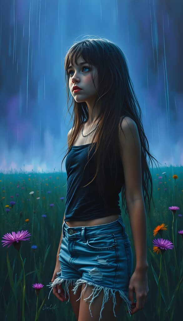 In a vibrant meadow illuminated by mystical blue light, a young girl stands with her long, tousled hair cascading down her shoulders. Dressed in a sleek black top and tattered blue shorts, she gazes out into the distance, her face etched with a mix of sorrow and longing. As rain falls gently around her, the scene is captured from a low angle, emphasizing her vulnerability. The sky is alive with streaks of purple and blue, creating a dramatic and ethereal atmosphere. View from the front.