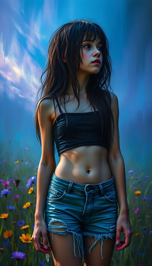 In a vibrant meadow illuminated by mystical blue light, a young girl stands with her long, tousled hair cascading down her shoulders. Dressed in a sleek black top and tattered blue shorts, she gazes out into the distance, her face etched with a mix of sorrow and longing. As rain falls gently around her, the scene is captured from a low angle, emphasizing her vulnerability. The sky is alive with streaks of purple and blue, creating a dramatic and ethereal atmosphere. View from the front.
