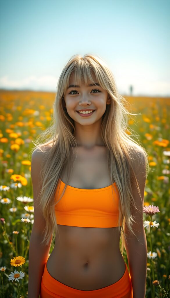 In a vibrant, sunny meadow dotted with wildflowers, a young girl with long, flowing blonde hair and charming Korean bangs stands confidently. Her radiant smile is captivating, her eyes sparkling with joy as she gazes into the camera. She wears a bright, low-cut fitness crop top that highlights her toned physique, embodying a youthful, energetic vibe. The warm, golden sunlight casts a soft glow over her, creating a joyful and uplifting scene that exudes innocence and vitality. You can see her cute belly button.