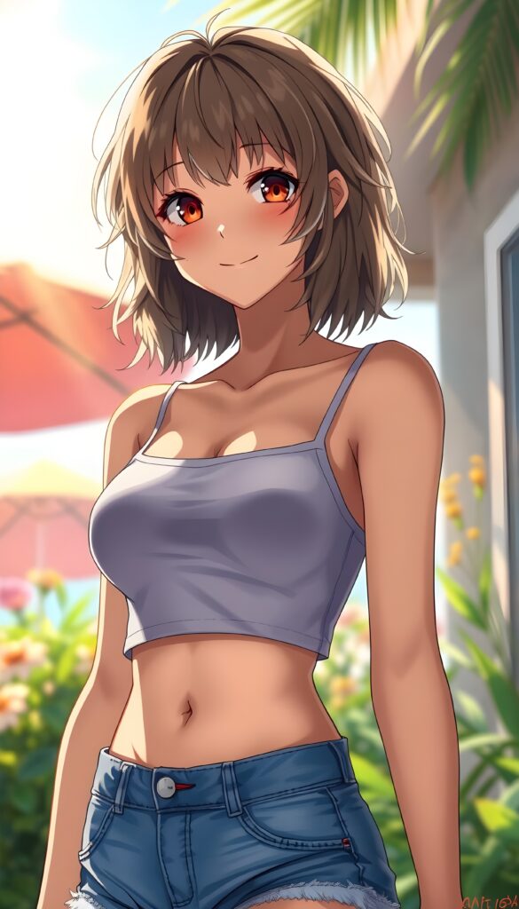 In a vibrant summer setting, a cheerful young well busty girl with a tanned complexion and short, wavy light brown hair stands confidently. Her stylish, shoulder-length bob cut and white highlights give her a playful yet modern look. She wears a fitted, sleeveless tank top that accentuates her curvy figure and blue denim shorts that highlight her playful nature. Her hair falls gracefully around her face, framing her bright, smiling eyes. The sunlight casts a warm glow, creating dynamic shadows and highlights that enhance the depth of her features. A light breeze ruffles her hair, adding movement to the scene. Her posture is relaxed, exuding a sense of joy and confidence as she enjoys the sunny day.