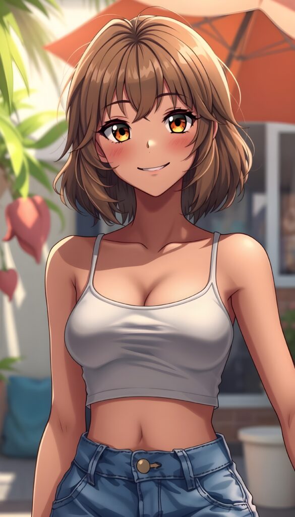 In a vibrant summer setting, a cheerful young well busty girl with a tanned complexion and short, wavy light brown hair stands confidently. Her stylish, shoulder-length bob cut and white highlights give her a playful yet modern look. She wears a fitted, sleeveless tank top that accentuates her curvy figure and blue denim shorts that highlight her playful nature. Her hair falls gracefully around her face, framing her bright, smiling eyes. The sunlight casts a warm glow, creating dynamic shadows and highlights that enhance the depth of her features. A light breeze ruffles her hair, adding movement to the scene. Her posture is relaxed, exuding a sense of joy and confidence as she enjoys the sunny day.