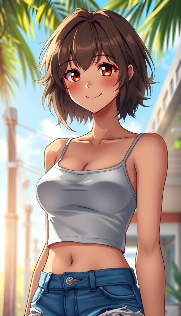 In a vibrant summer setting, a cheerful young well busty girl with a tanned complexion and short, wavy light brown hair stands confidently. Her stylish, shoulder-length bob cut and white highlights give her a playful yet modern look. She wears a fitted, sleeveless tank top that accentuates her curvy figure and blue denim shorts that highlight her playful nature. Her hair falls gracefully around her face, framing her bright, smiling eyes. The sunlight casts a warm glow, creating dynamic shadows and highlights that enhance the depth of her features. A light breeze ruffles her hair, adding movement to the scene. Her posture is relaxed, exuding a sense of joy and confidence as she enjoys the sunny day.