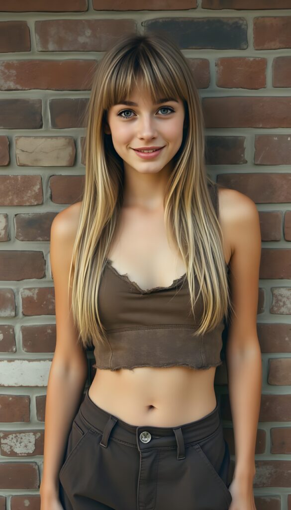 In a vintage photograph, a lively tomboyish teenager with long, straight blonde hair and bangs stands confidently against a detailed brick wall. She wears a brown cropped, tattered tank top with a deep V-neck and a brown short pants, her cute round navel subtly exposed. Her expression is playful and adventurous, embodying the carefree spirit of youth. The muted colors and classic film grain give the image a nostalgic feel, with warm, soft lighting casting gentle shadows and highlighting the textures of her clothing and the brick wall.
