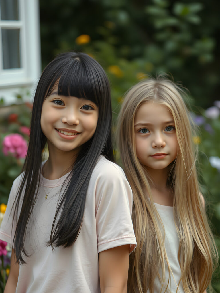 In a whimsical, dreamy garden setting, two adult girls with vibrant, imaginative flair gaze directly at the viewer. The first girl, with her long, straight black hair and bangs cascading gently over her face, has a pair of sparkling, heart-shaped eyes and a joyful smile. Her outfit is a delicate, pastel-colored t-shirt. Beside her stands her sister, her long, golden hair cascading like a waterfall, her eyes sparkling with curiosity.