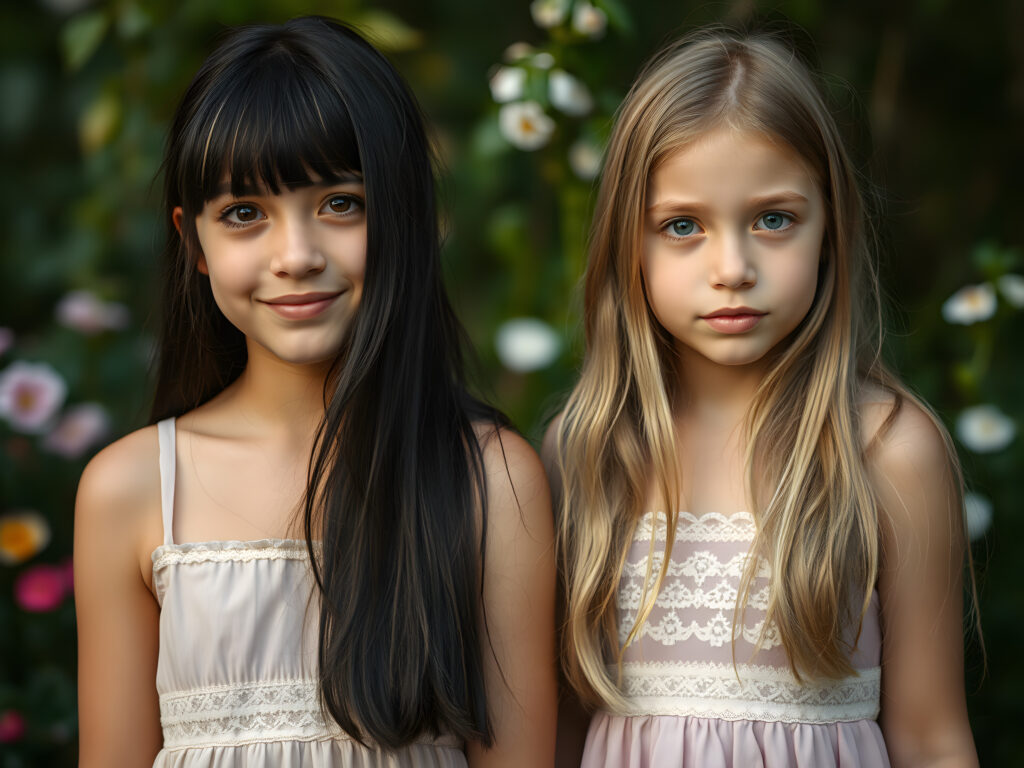 In a whimsical, dreamy garden setting, two adult girls with vibrant, imaginative flair gaze directly at the viewer. The first girl, with her long, straight black hair adorned with playful blonde streaks and bangs cascading gently over her face, has a pair of sparkling, heart-shaped eyes and a joyful smile. Her outfit is a delicate, pastel-colored dress with intricate lace detailing. Beside her stands her sister, her long, golden hair cascading like a waterfall, her eyes sparkling with curiosity.