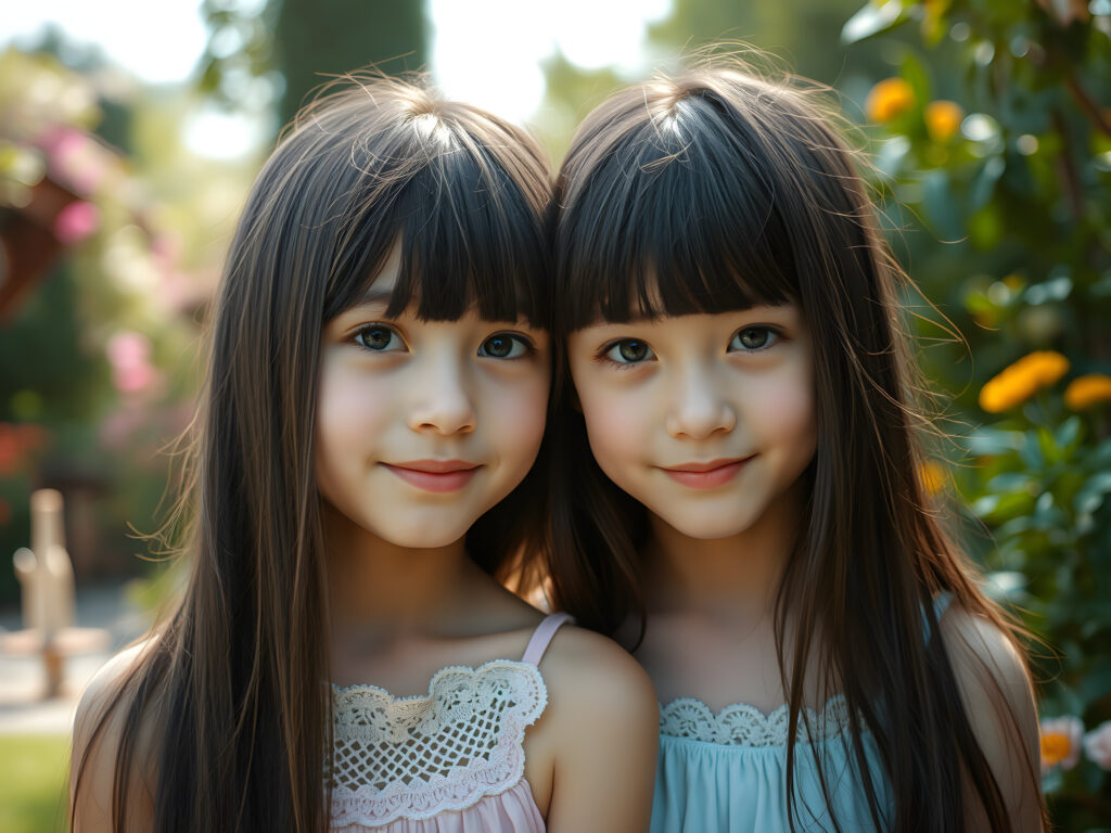 In a whimsical, dreamy garden setting, two adult girls with vibrant, imaginative flair gaze directly at the viewer. The first girl, with her long, straight black hair adorned with playful blonde streaks and bangs cascading gently over her face, has a pair of sparkling, heart-shaped eyes and a joyful smile. Her outfit is a delicate, pastel-colored dress with intricate lace detailing. Beside her stands her sister, her long, golden hair cascading like a waterfall, her eyes sparkling with curiosity.