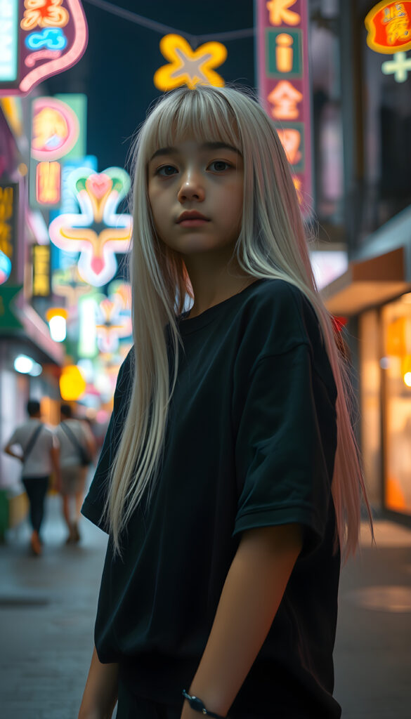 In a whimsical night scene, a young girl with long, straight platinum white hair cascading over her shoulders and matching bangs stands confidently on a city street. She wears a cozy, oversized black t-shirt, blending harmoniously with her hair color. Neon lights and colorful street decorations add a vibrant touch, creating a dreamlike atmosphere. The girl's expression is serene and curious, as she gazes into the distance, embodying a sense of wonder and adventure.