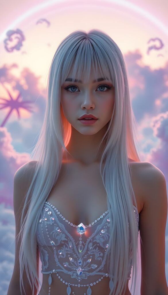 In a whimsical, dreamlike scene, a cute adult girl with ethereal beauty stands centered, her jet straight full open hair cascading down like a waterfall of pure white silk. She wears an intricate, luminous cropped tank top adorned with shimmering crystals that reflect the ambient light. Neon hues of soft purple and blue softly illuminate her face, casting a magical glow. Her eyes are hidden by the shadow of her bangs, adding an air of mystery. Surrounding her, soft clouds float in a pastel sky, with a rainbow arching overhead. The background is a blend of abstract, flowing brushstrokes in vibrant colors, creating a surreal, otherworldly atmosphere filled with elegance and enchantment.