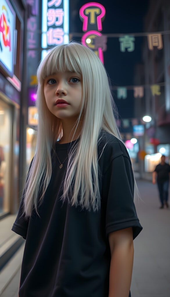 In a whimsical night scene, a young girl with long, straight platinum white hair cascading over her shoulders and matching bangs stands confidently on a city street. She wears a cozy, oversized black t-shirt, blending harmoniously with her hair color. Neon lights and colorful street decorations add a vibrant touch, creating a dreamlike atmosphere. The girl's expression is serene and curious, as she gazes into the distance, embodying a sense of wonder and adventure.