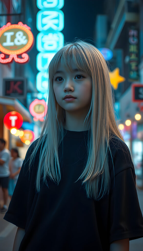 In a whimsical night scene, a young girl with long, straight platinum white hair cascading over her shoulders and matching bangs stands confidently on a city street. She wears a cozy, oversized black t-shirt, blending harmoniously with her hair color. Neon lights and colorful street decorations add a vibrant touch, creating a dreamlike atmosphere. The girl's expression is serene and curious, as she gazes into the distance, embodying a sense of wonder and adventure.