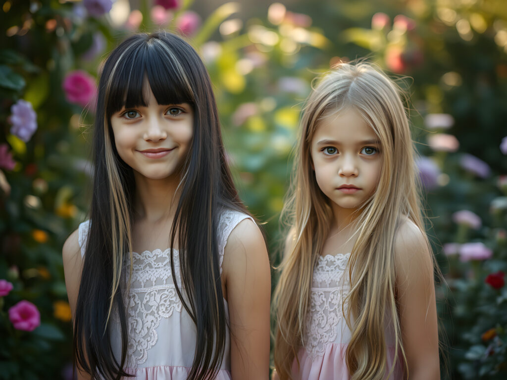 In a whimsical, dreamy garden setting, two adult girls with vibrant, imaginative flair gaze directly at the viewer. The first girl, with her long, straight black hair adorned with playful blonde streaks and bangs cascading gently over her face, has a pair of sparkling, heart-shaped eyes and a joyful smile. Her outfit is a delicate, pastel-colored dress with intricate lace detailing. Beside her stands her sister, her long, golden hair cascading like a waterfall, her eyes sparkling with curiosity.