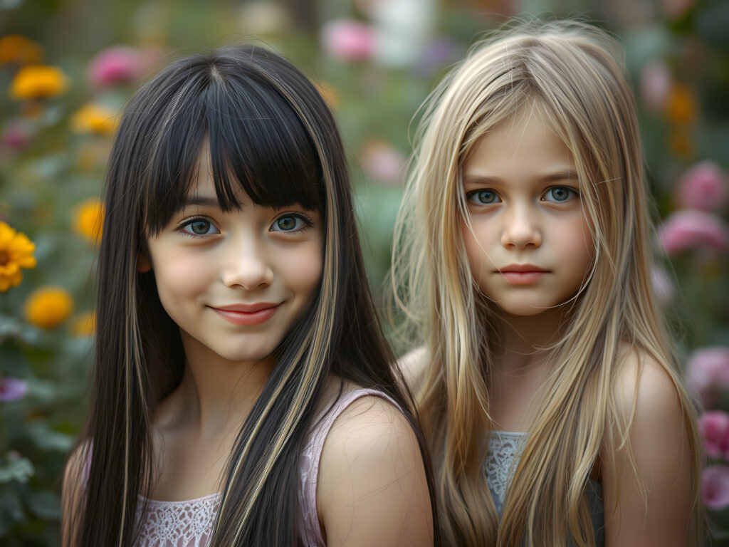 In a whimsical, dreamy garden setting, two adult girls with vibrant, imaginative flair gaze directly at the viewer. The first girl, with her long, straight black hair adorned with playful blonde streaks and bangs cascading gently over her face, has a pair of sparkling, heart-shaped eyes and a joyful smile. Her outfit is a delicate, pastel-colored dress with intricate lace detailing. Beside her stands her sister, her long, golden hair cascading like a waterfall, her eyes sparkling with curiosity.