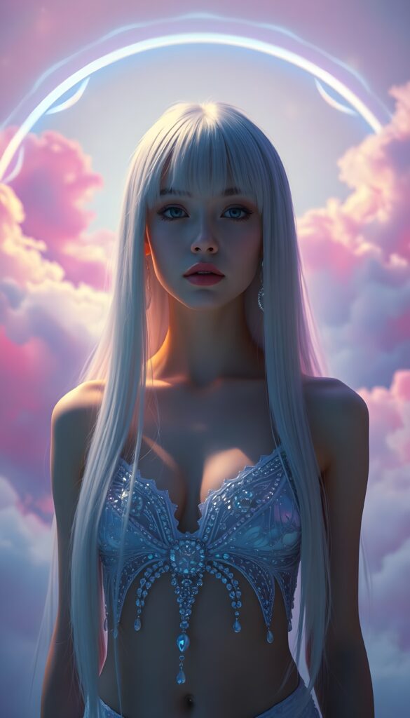In a whimsical, dreamlike scene, a cute adult girl with ethereal beauty stands centered, her jet straight full open hair cascading down like a waterfall of pure white silk. She wears an intricate, luminous cropped tank top adorned with shimmering crystals that reflect the ambient light. Neon hues of soft purple and blue softly illuminate her face, casting a magical glow. Her eyes are hidden by the shadow of her bangs, adding an air of mystery. Surrounding her, soft clouds float in a pastel sky, with a rainbow arching overhead. The background is a blend of abstract, flowing brushstrokes in vibrant colors, creating a surreal, otherworldly atmosphere filled with elegance and enchantment.