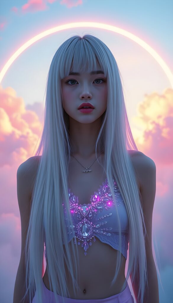 In a whimsical, dreamlike scene, a cute adult girl with ethereal beauty stands centered, her jet straight full open hair cascading down like a waterfall of pure white silk. She wears an intricate, luminous cropped tank top adorned with shimmering crystals that reflect the ambient light. Neon hues of soft purple and blue softly illuminate her face, casting a magical glow. Her eyes are hidden by the shadow of her bangs, adding an air of mystery. Surrounding her, soft clouds float in a pastel sky, with a rainbow arching overhead. The background is a blend of abstract, flowing brushstrokes in vibrant colors, creating a surreal, otherworldly atmosphere filled with elegance and enchantment.