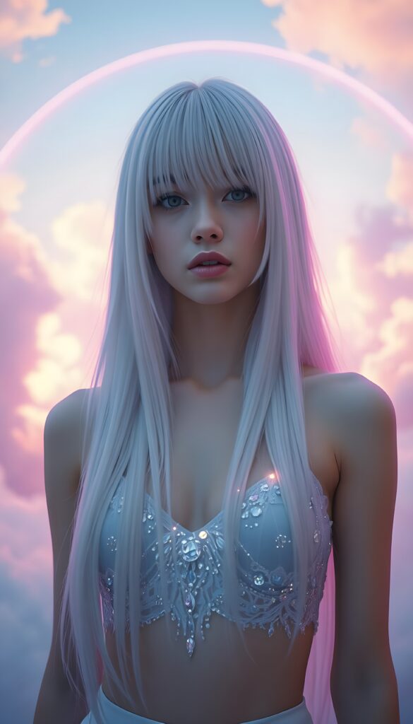 In a whimsical, dreamlike scene, a cute adult girl with ethereal beauty stands centered, her jet straight full open hair cascading down like a waterfall of pure white silk. She wears an intricate, luminous cropped tank top adorned with shimmering crystals that reflect the ambient light. Neon hues of soft purple and blue softly illuminate her face, casting a magical glow. Her eyes are hidden by the shadow of her bangs, adding an air of mystery. Surrounding her, soft clouds float in a pastel sky, with a rainbow arching overhead. The background is a blend of abstract, flowing brushstrokes in vibrant colors, creating a surreal, otherworldly atmosphere filled with elegance and enchantment.
