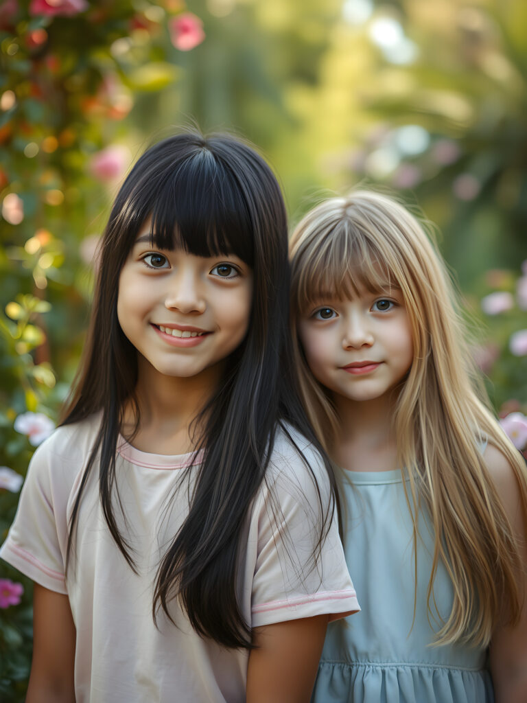 In a whimsical, dreamy garden setting, two adult girls with vibrant, imaginative flair gaze directly at the viewer. The first girl, with her long, straight black hair and bangs cascading gently over her face, has a pair of sparkling, heart-shaped eyes and a joyful smile. Her outfit is a delicate, pastel-colored t-shirt. Beside her stands her sister, her long, golden hair cascading like a waterfall, her eyes sparkling with curiosity.