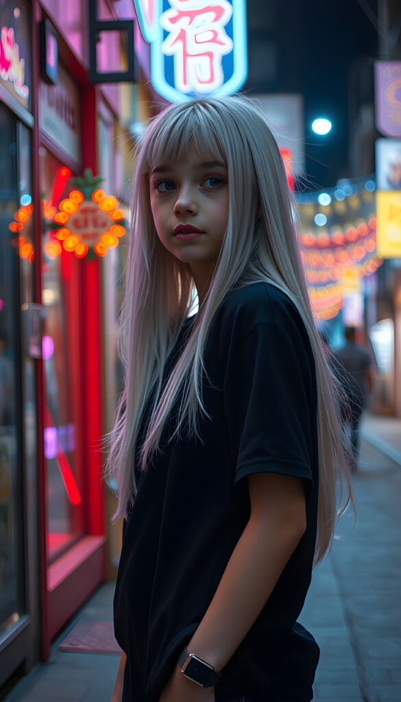 In a whimsical night scene, a young girl with long, straight platinum white hair cascading over her shoulders and matching bangs stands confidently on a city street. She wears a cozy, oversized black t-shirt, blending harmoniously with her hair color. Neon lights and colorful street decorations add a vibrant touch, creating a dreamlike atmosphere. The girl's expression is serene and curious, as she gazes into the distance, embodying a sense of wonder and adventure.