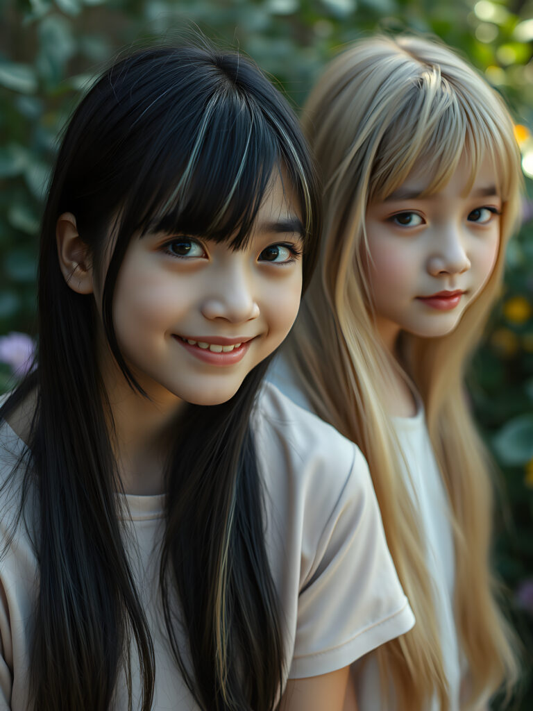 In a whimsical, dreamy garden setting, two adult girls with vibrant, imaginative flair gaze directly at the viewer. The first girl, with her long, straight black hair and bangs cascading gently over her face, has a pair of sparkling, heart-shaped eyes and a joyful smile. Her outfit is a delicate, pastel-colored t-shirt. Beside her stands her sister, her long, golden hair cascading like a waterfall, her eyes sparkling with curiosity.