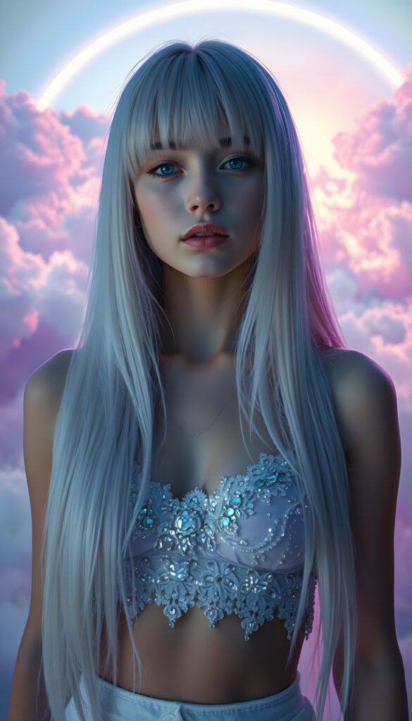 In a whimsical, dreamlike scene, a cute adult girl with ethereal beauty stands centered, her jet straight full open hair cascading down like a waterfall of pure white silk. She wears an intricate, luminous cropped tank top adorned with shimmering crystals that reflect the ambient light. Neon hues of soft purple and blue softly illuminate her face, casting a magical glow. Her eyes are hidden by the shadow of her bangs, adding an air of mystery. Surrounding her, soft clouds float in a pastel sky, with a rainbow arching overhead. The background is a blend of abstract, flowing brushstrokes in vibrant colors, creating a surreal, otherworldly atmosphere filled with elegance and enchantment.
