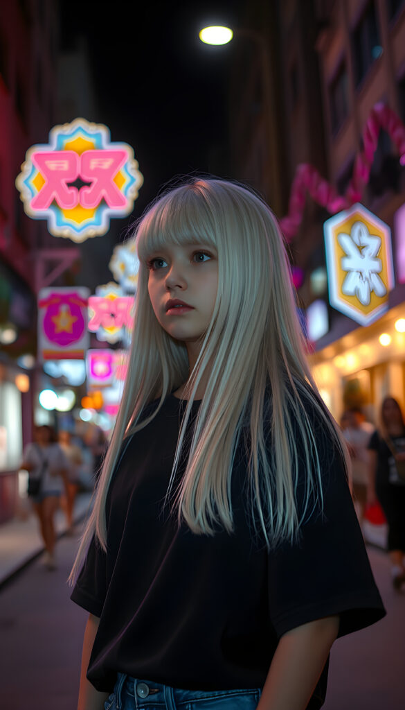 In a whimsical night scene, a young girl with long, straight platinum white hair cascading over her shoulders and matching bangs stands confidently on a city street. She wears a cozy, oversized black t-shirt, blending harmoniously with her hair color. Neon lights and colorful street decorations add a vibrant touch, creating a dreamlike atmosphere. The girl's expression is serene and curious, as she gazes into the distance, embodying a sense of wonder and adventure.