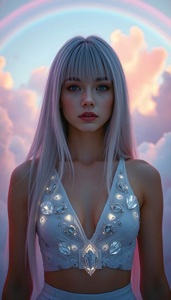 In a whimsical, dreamlike scene, a cute adult girl with ethereal beauty stands centered, her jet straight full open hair cascading down like a waterfall of pure white silk. She wears an intricate, luminous cropped tank top adorned with shimmering crystals that reflect the ambient light. Neon hues of soft purple and blue softly illuminate her face, casting a magical glow. Her eyes are hidden by the shadow of her bangs, adding an air of mystery. Surrounding her, soft clouds float in a pastel sky, with a rainbow arching overhead. The background is a blend of abstract, flowing brushstrokes in vibrant colors, creating a surreal, otherworldly atmosphere filled with elegance and enchantment.