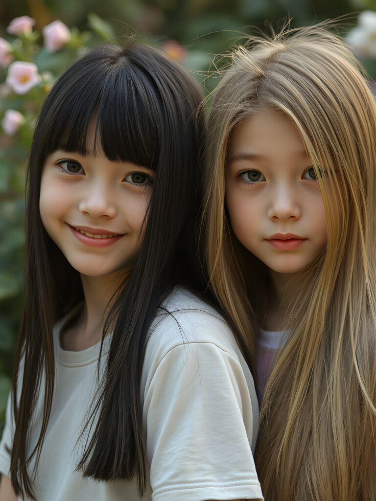 In a whimsical, dreamy garden setting, two adult girls with vibrant, imaginative flair gaze directly at the viewer. The first girl, with her long, straight black hair and bangs cascading gently over her face, has a pair of sparkling, heart-shaped eyes and a joyful smile. Her outfit is a delicate, pastel-colored t-shirt. Beside her stands her sister, her long, golden hair cascading like a waterfall, her eyes sparkling with curiosity.