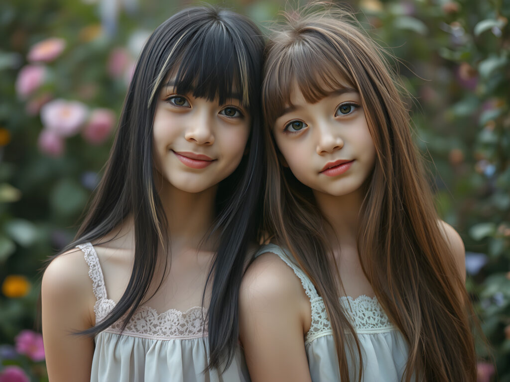 In a whimsical, dreamy garden setting, two adult girls with vibrant, imaginative flair gaze directly at the viewer. The first girl, with her long, straight black hair adorned with playful blonde streaks and bangs cascading gently over her face, has a pair of sparkling, heart-shaped eyes and a joyful smile. Her outfit is a delicate, pastel-colored dress with intricate lace detailing. Beside her stands her sister, her long, golden hair cascading like a waterfall, her eyes sparkling with curiosity.