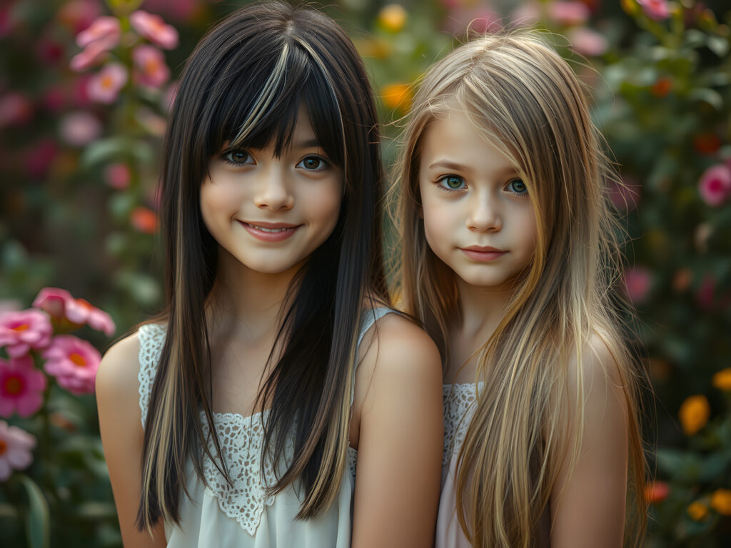 In a whimsical, dreamy garden setting, two adult girls with vibrant, imaginative flair gaze directly at the viewer. The first girl, with her long, straight black hair adorned with playful blonde streaks and bangs cascading gently over her face, has a pair of sparkling, heart-shaped eyes and a joyful smile. Her outfit is a delicate, pastel-colored dress with intricate lace detailing. Beside her stands her sister, her long, golden hair cascading like a waterfall, her eyes sparkling with curiosity.