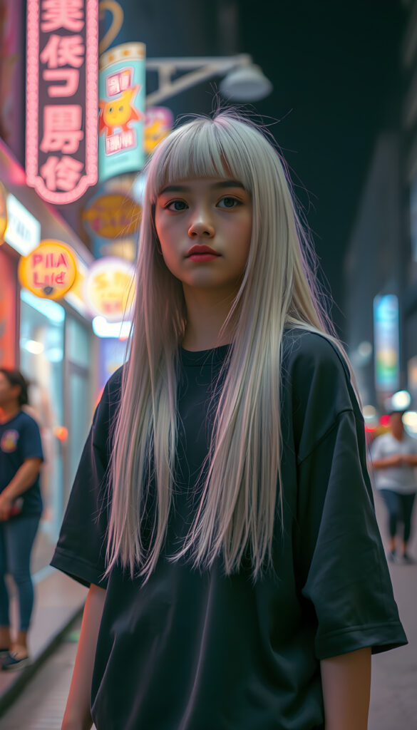 In a whimsical night scene, a young girl with long, straight platinum white hair cascading over her shoulders and matching bangs stands confidently on a city street. She wears a cozy, oversized black t-shirt, blending harmoniously with her hair color. Neon lights and colorful street decorations add a vibrant touch, creating a dreamlike atmosphere. The girl's expression is serene and curious, as she gazes into the distance, embodying a sense of wonder and adventure.