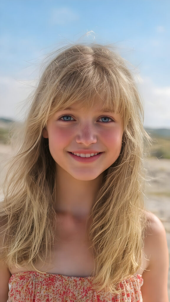 In a wide and open outdoor area, under a bright and clear blue sky, the gentle smile of a adult teen girl with flowing blonde hair and warm and inviting eyes shines brightly. Her face is flawless, with clear skin and rosy cheeks, reflecting a happy and content expression. The girl is dressed in a colorful and cozy dress, and her hair is long, soft and straight, bangs cut. She is smiling confidently, with a warm and inviting look that extends towards everyone around her. It is clear that the girl is enjoying this precious moment in the sun, surrounded by the beauty of nature and the warmth of the day.